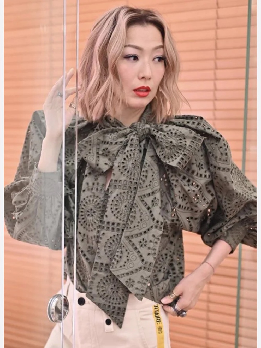 GANNI , Olive Eyelet High-Neck Blouse - Women